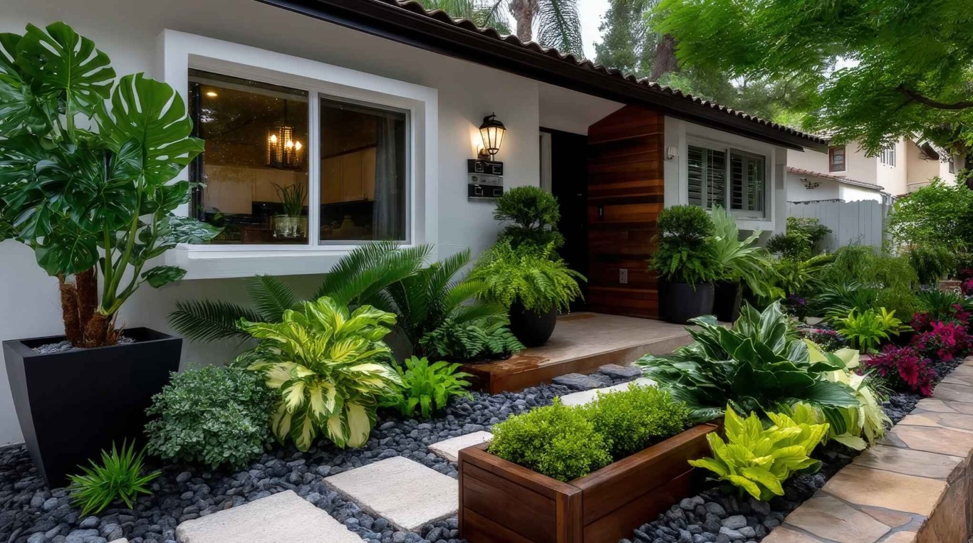 Modern front entrance with tropical landscaping and ferns in Stanton, CA